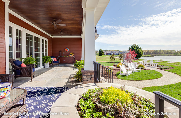 Rear porch view to the landscaping. The Rangemoss plan 1211.