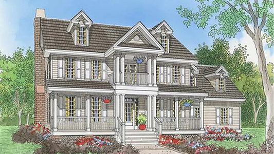 This is an illustration of the front of two story house plan 834 The Rathburne