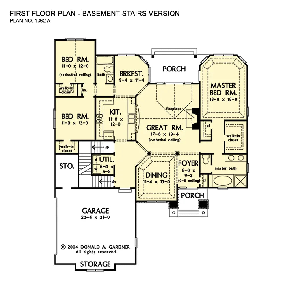 This is the first floor plan image for cottage house plan 1062 The Ravencroft if the home is built over a basement