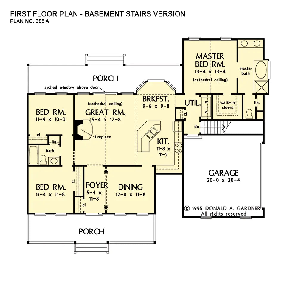 This is the first floor plan image for small house plan 385 The Redding if the home is built over a basement