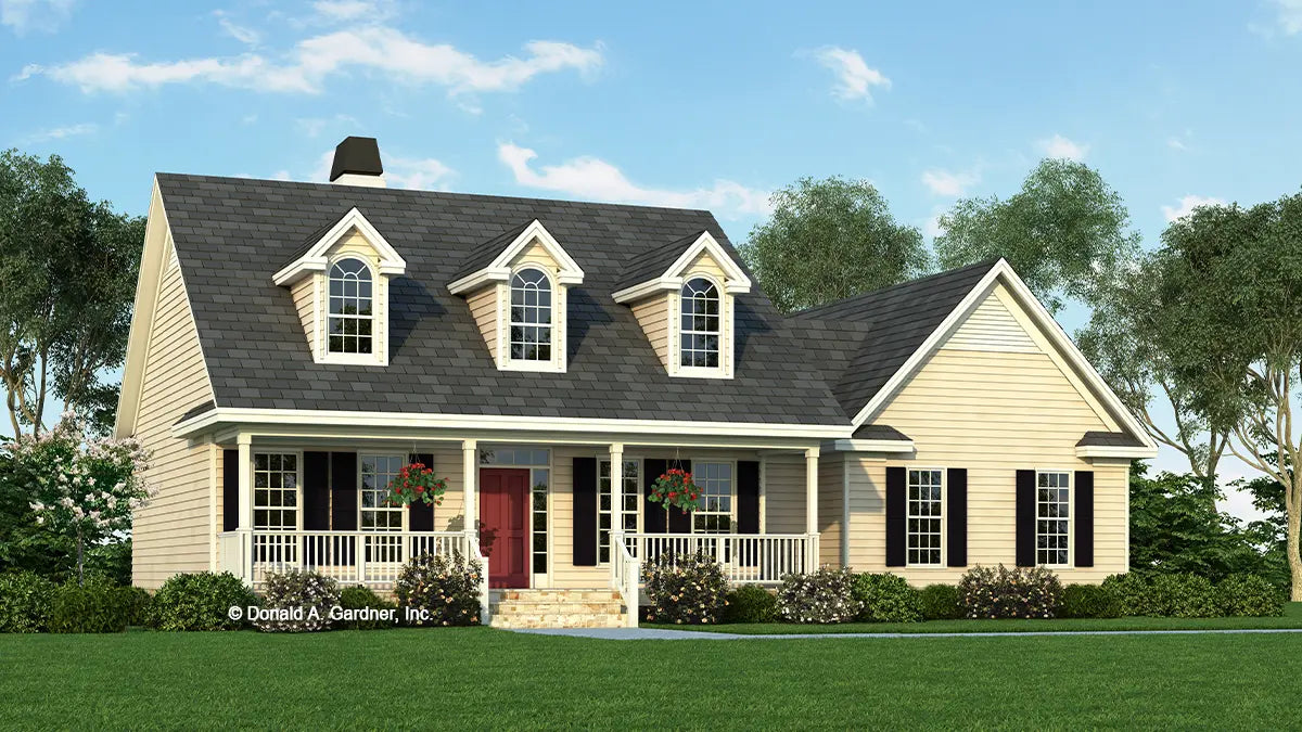 This is an illustration of the front of country house plan 385 The Redding