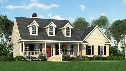 This is an illustration of the front of country house plan 385 The Redding