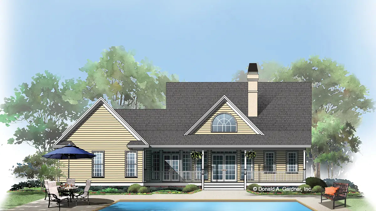 This is an illustration of the rear of small house plan 385 The Redding