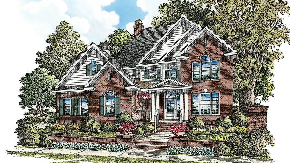 This is an illustration of the front of narrow lot house plan 1212 The Richardson