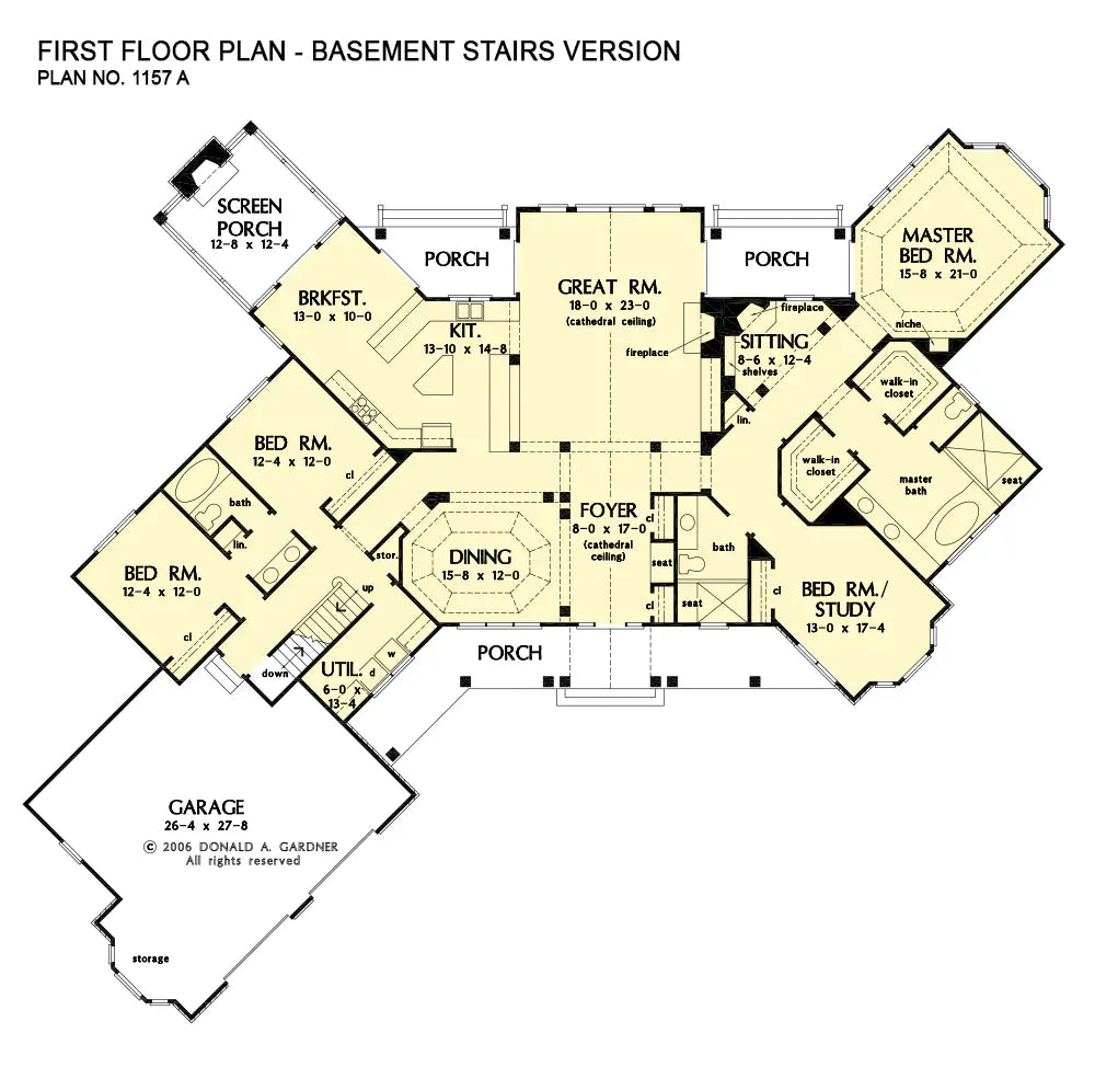 This is the first floor plan image for one story house plan 1157 The Richelieu if the home is built over a basement