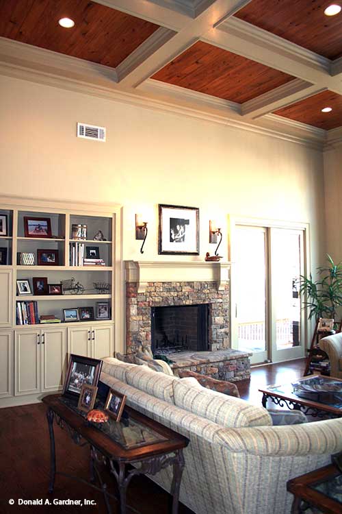 This is a picture showing ceiling and fireplace of the great room for one story house plan 1157 The Richelieu