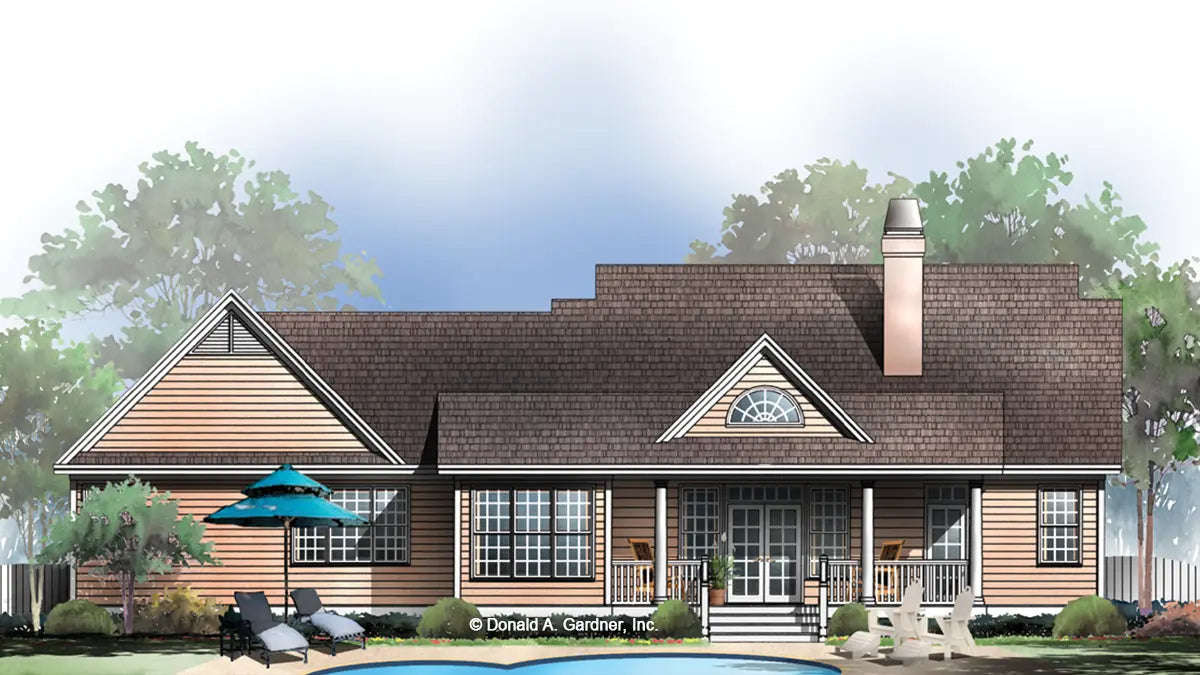 This is an illustration of the rear of three bedroom house plan 999 The Richfield