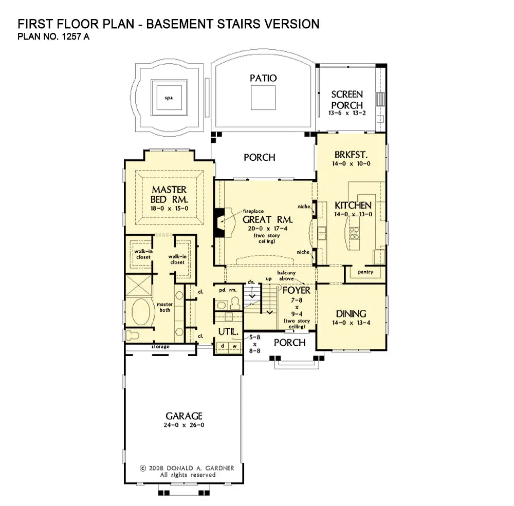 This is the first floor plan image for cottage house plan 1257 The Ridgewater if the home is built over a basement