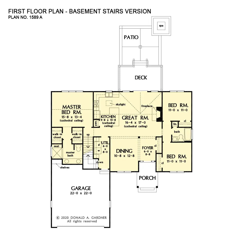 This is the first floor plan image for simple house plan 1589 The Rilynn if the home is built over a basement