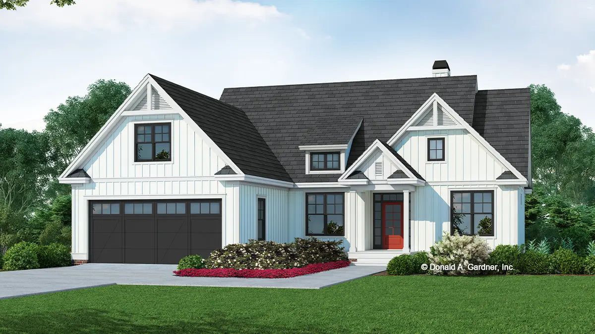 This is an illustration of the front of small house plan 1589 The Rilynn