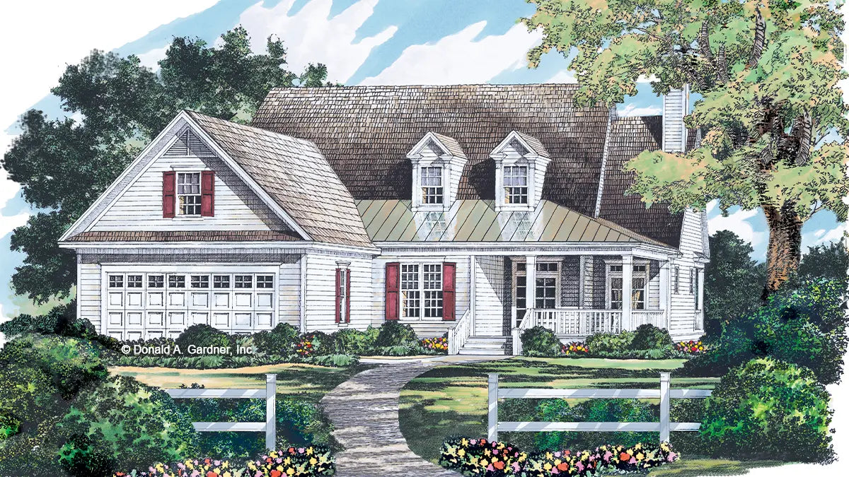 Front view illustration with two-car garage. The Ringgold plan 1056.