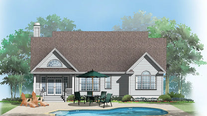 Rear view illustration with a cozy covered porch. The Ringgold plan 1056.