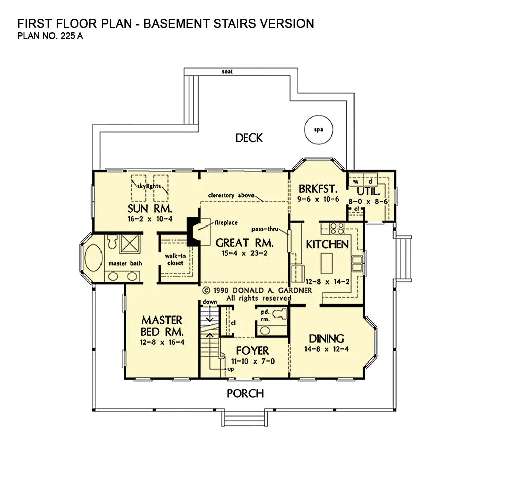 This is the first floor plan image for country house plan 225 The Riverbend if the home is built over a basement