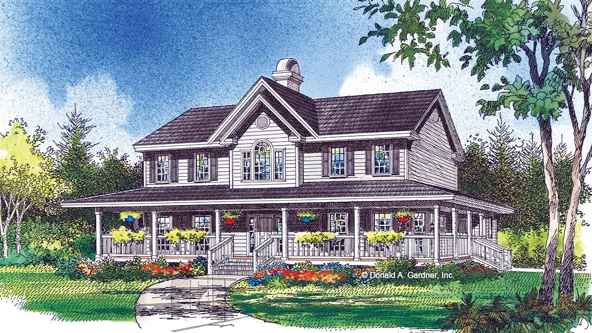 This is an illustration of the front of farmhouse house plan 225 The Riverbend