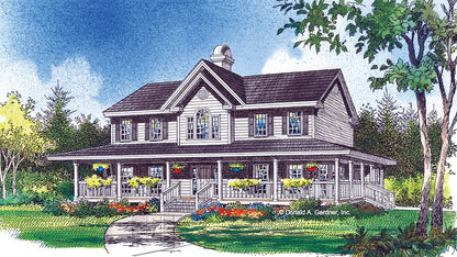 This is an illustration of the front of farmhouse house plan 225 The Riverbend