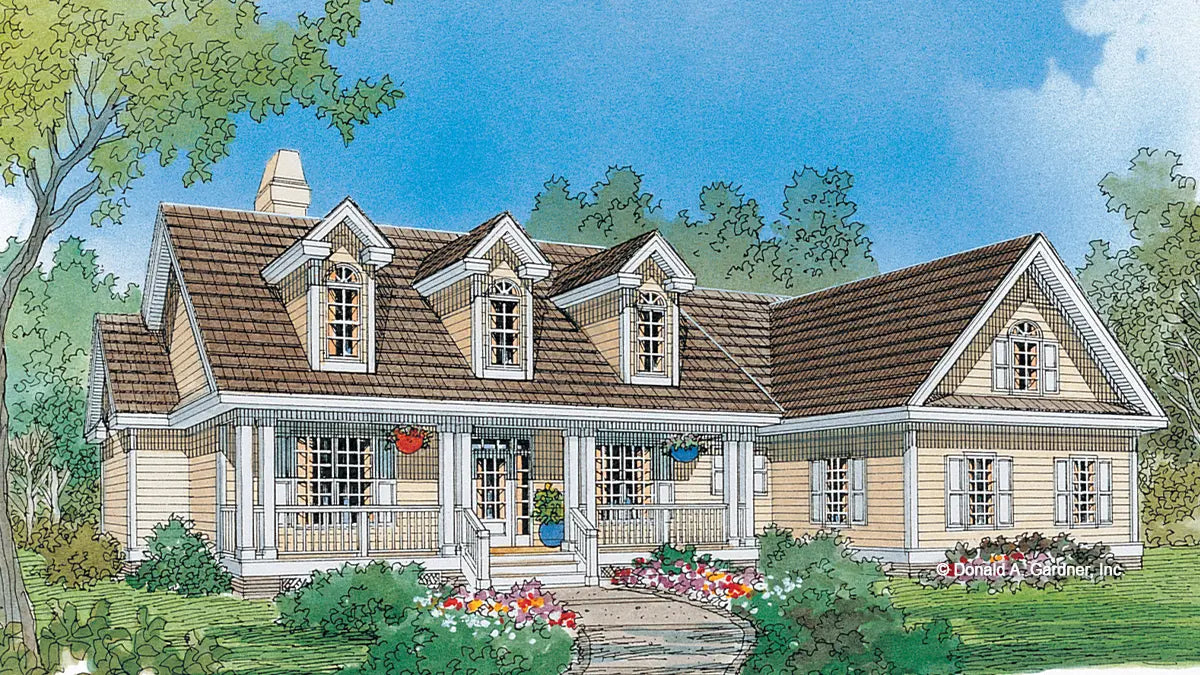 This is the front view illustration of a country home. The Riverbirch plan 782.