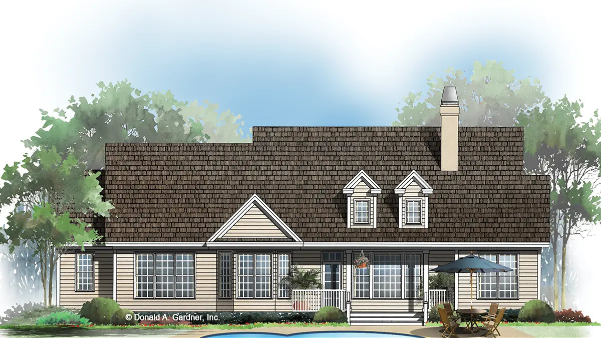 This is a rear view illustration with a porch. The Riverbirch plan 782.