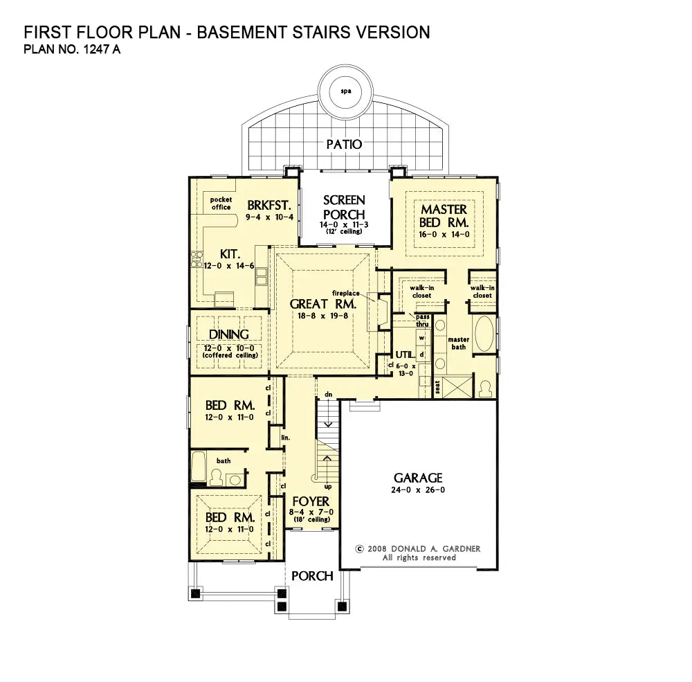 This is the first floor plan image for simple house plan 1247 The Riverpointe if the home is built over a basement