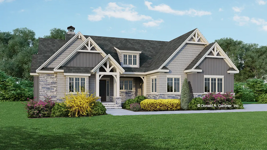 This is an illustration of the front of Cottage house plan 1406 The Roark