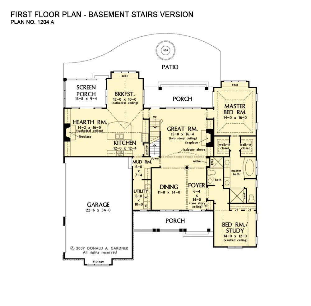 This is the first floor plan image for five bedroom house plan 1204 The Rochelle if the home is built over a basement