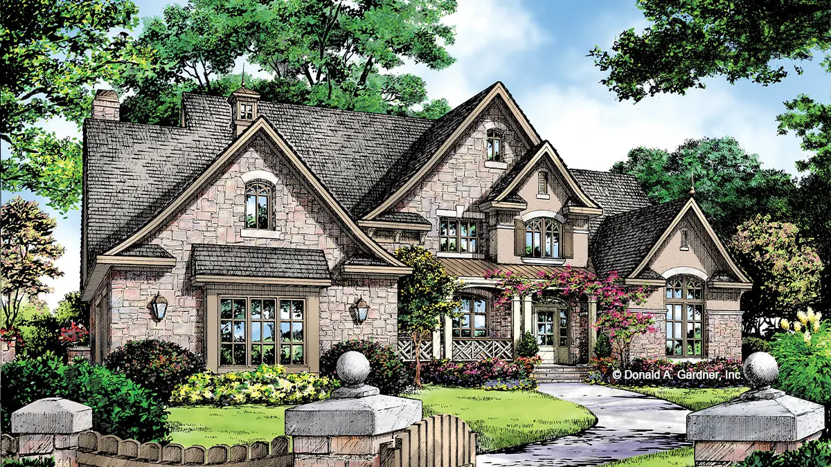 This is an illustration of the front of two story house plan 1204 The Rochelle