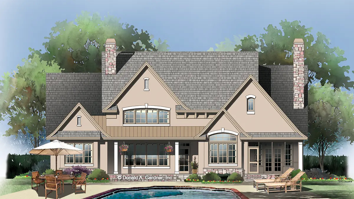 This is an illustration of the rear of five bedroom house plan 1204 The Rochelle