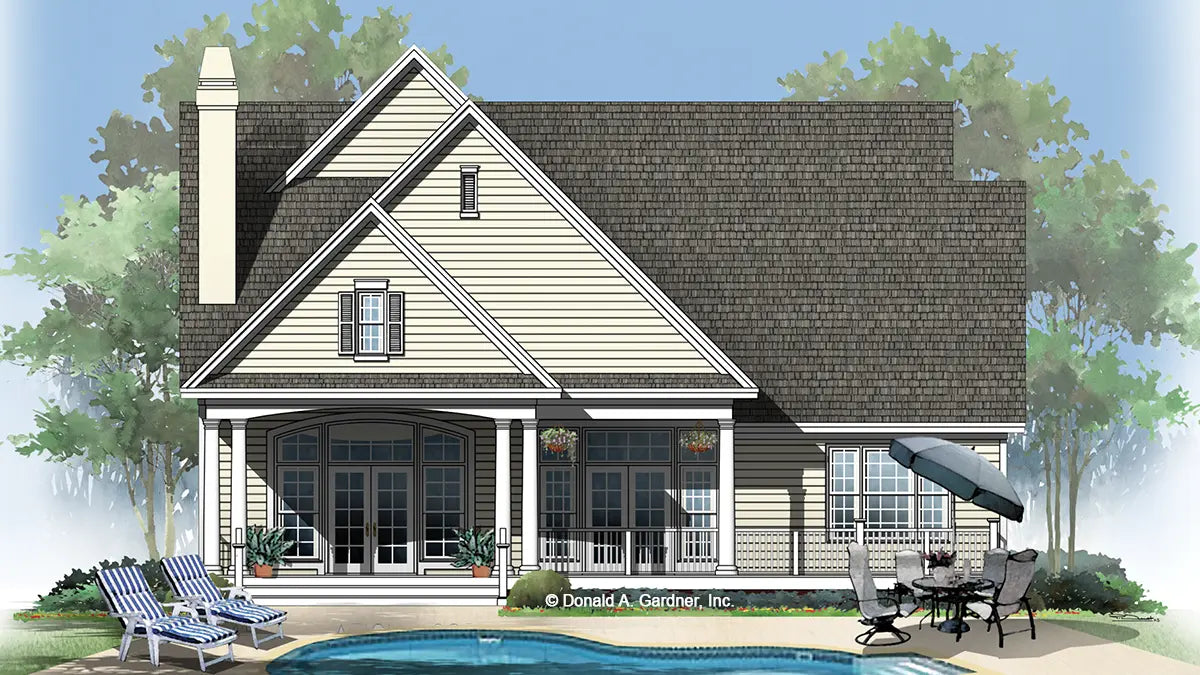 This is an illustration of the rear of four bedroom house plan 1085 The Rochester