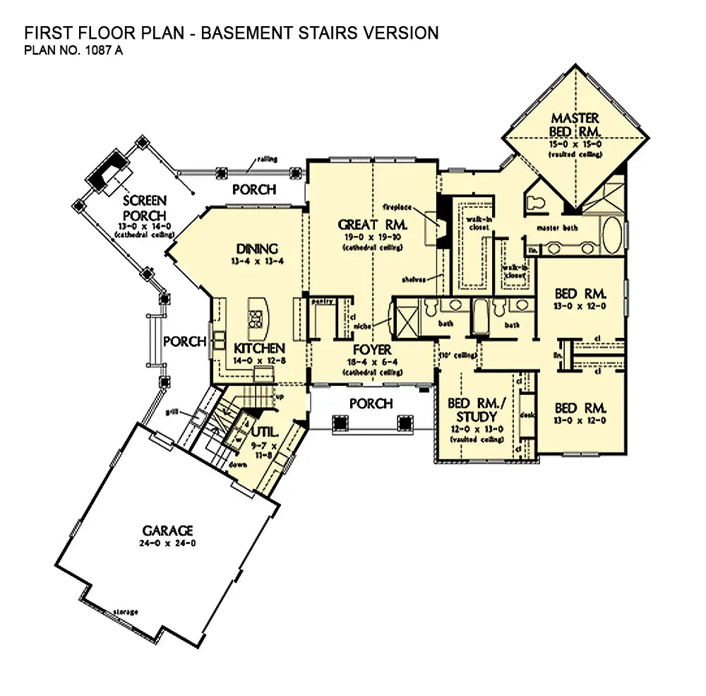 first floor plan showing the optional basement stairs off the utility room near the garage