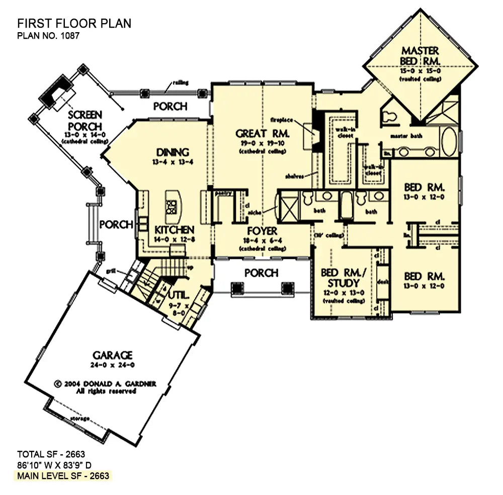 main floor layout with angled courtyard garage, an angled screen porch in the left rear and an angled master bedroom in the right rear, 2 bedrooms, a study and open floor plan with the great room, dining area and kitchen