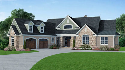 An angled courtyard garage entry fronts this sprawling ranch home. An arched portico mirrors the graceful shape of exterior windows, sparking instant curb appeal. 