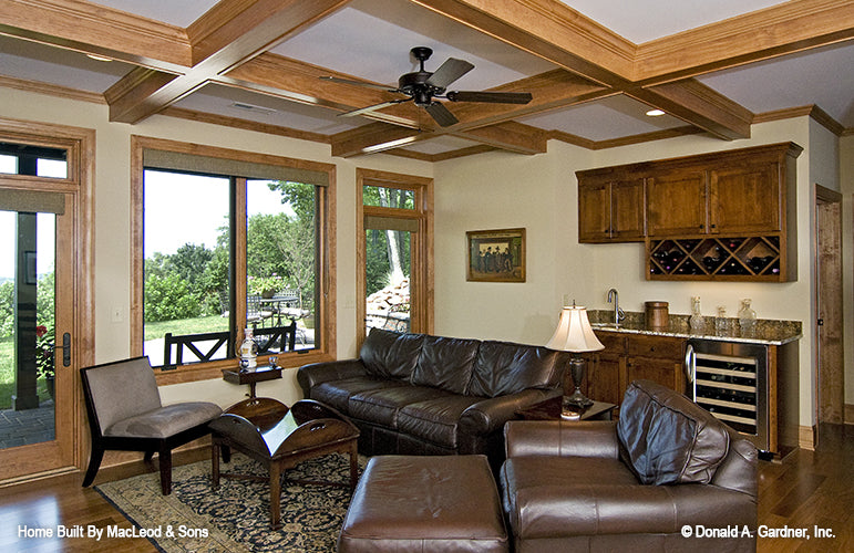 Coffered ceiling and patio door in the basement. The Rockledge plan 875.