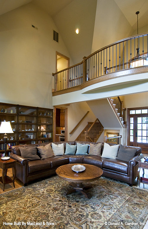 View up to the banister above from the great room. The Rockledge plan 875.