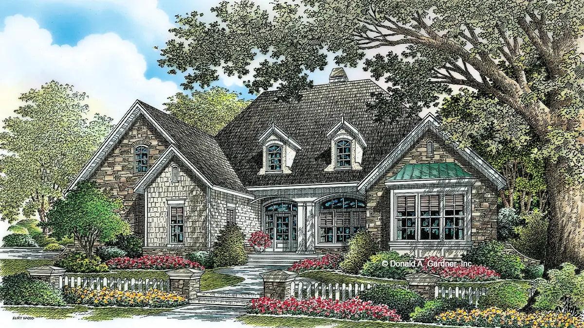 This is an illustration of the front of four bedroom house plan 1116 The Rockwood 