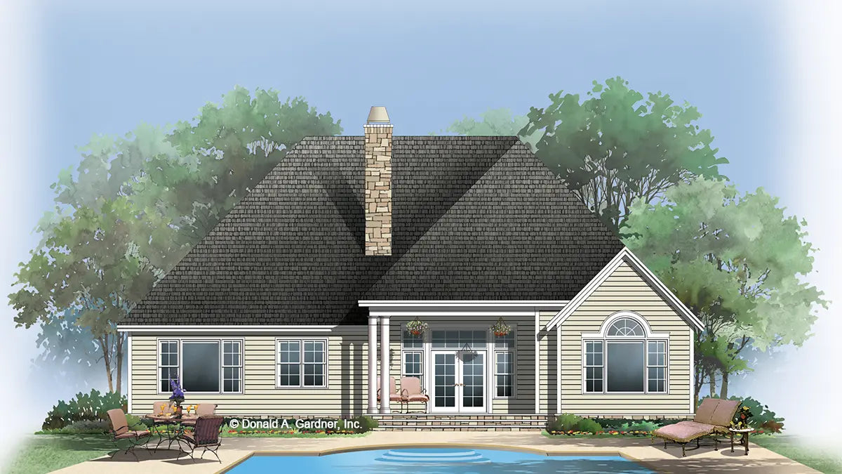 This is an illustration of the rear of european house plan 1116 The Rockwood