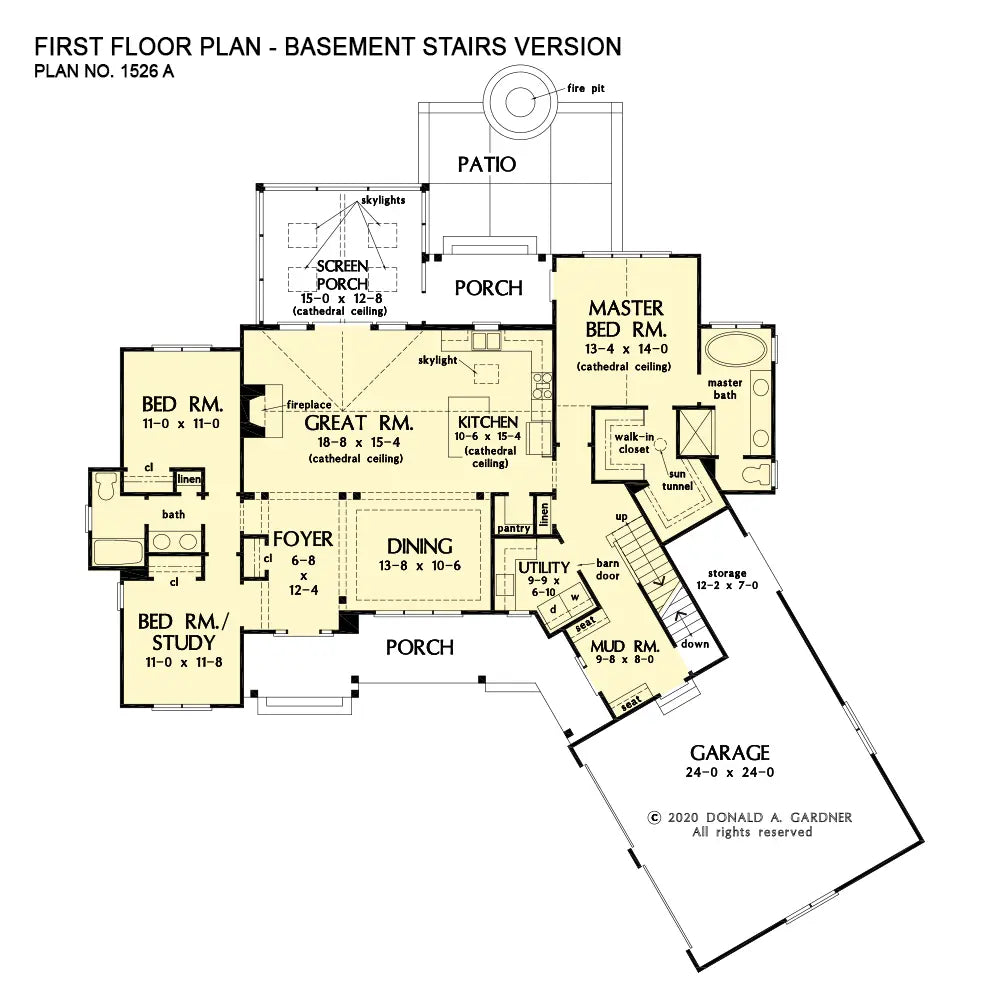 This is the first floor plan image for one story house plan 1526 The Rodrick if the home is built over a basement