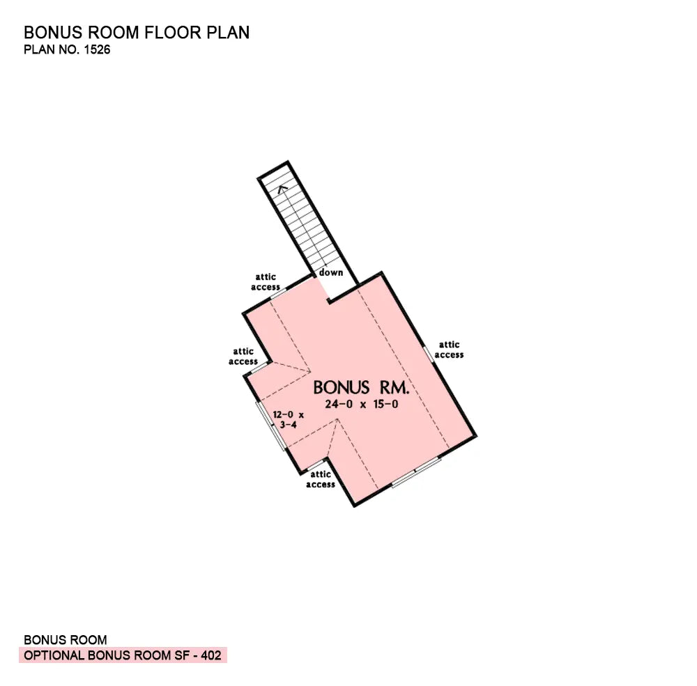 This is the bonus room floor plan image for three bedroom house plan 1526 The Rodrick