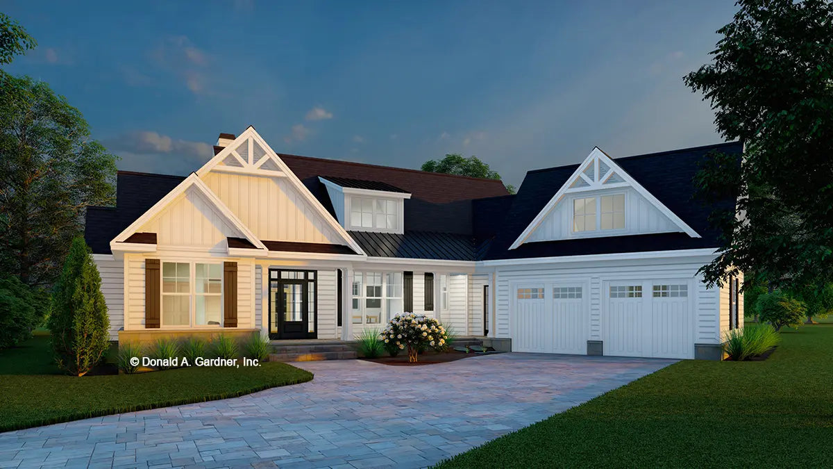 This is an illustration of the front of three bedroom house plan 1526 The Rodrick at dusk