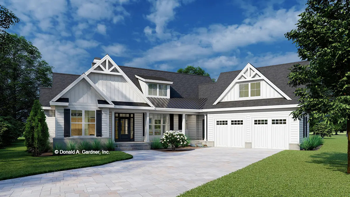 This is an illustration of the front of modern farmhouse house plan 1526 The Rodrick