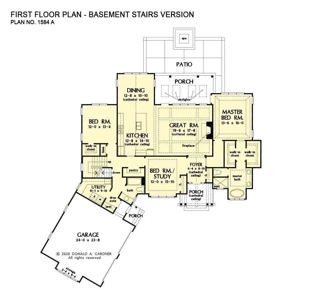 This is the first floor plan image for modern farmhouse plan 1584 The Roerig if the home is built over a basement