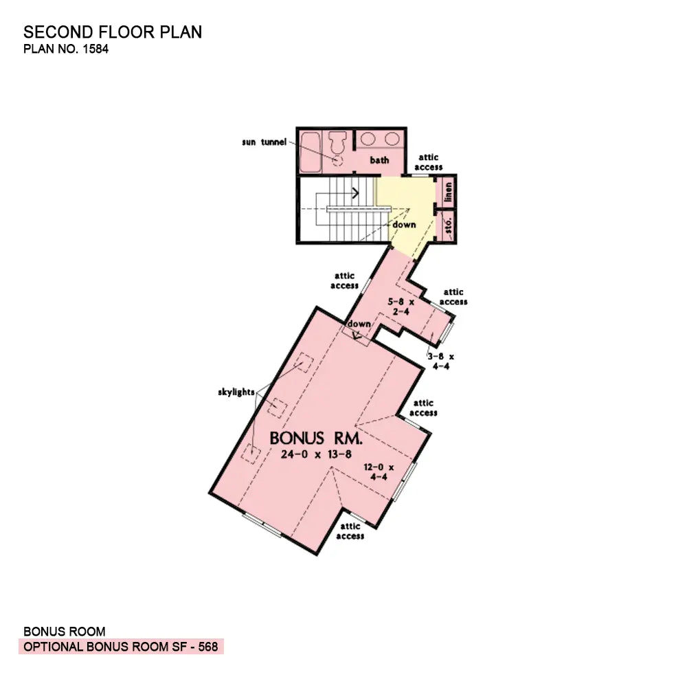 This is the bonus room floor plan image for three bedroom house plan 1584 The Roerig