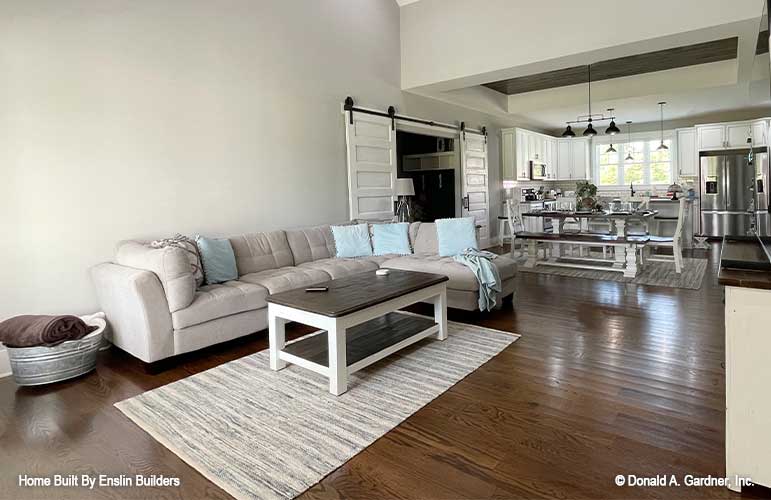 Great room view into the dining room and kitchen. The Rogers plan 1383. 