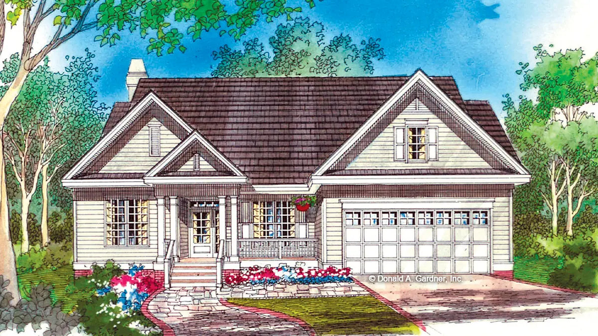 This is an illustration of the front of four bedroom house plan 898 The Romaine