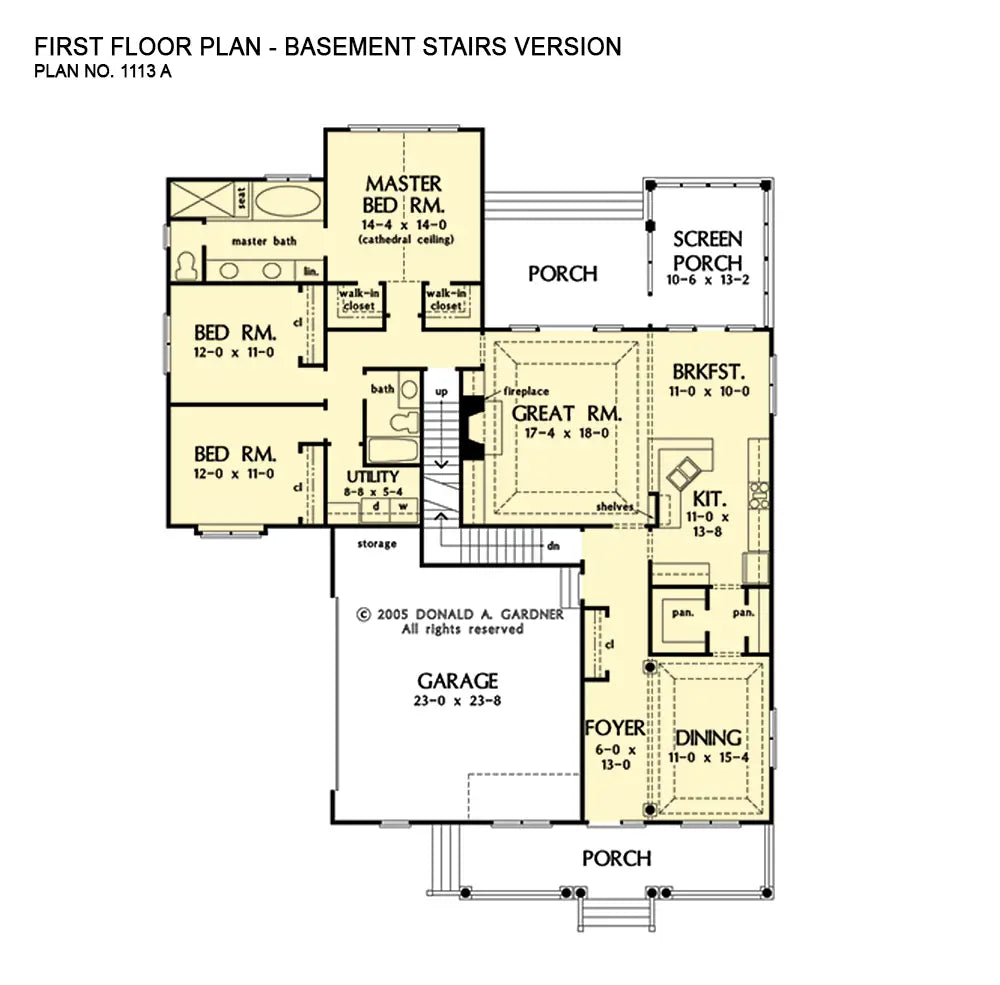 This is the first floor plan image for one story house plan 1113 The Rosemary if the home is built over a basement