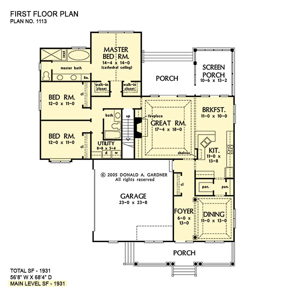 This is the first floor plan image for three bedroom house plan 1113 The Rosemary