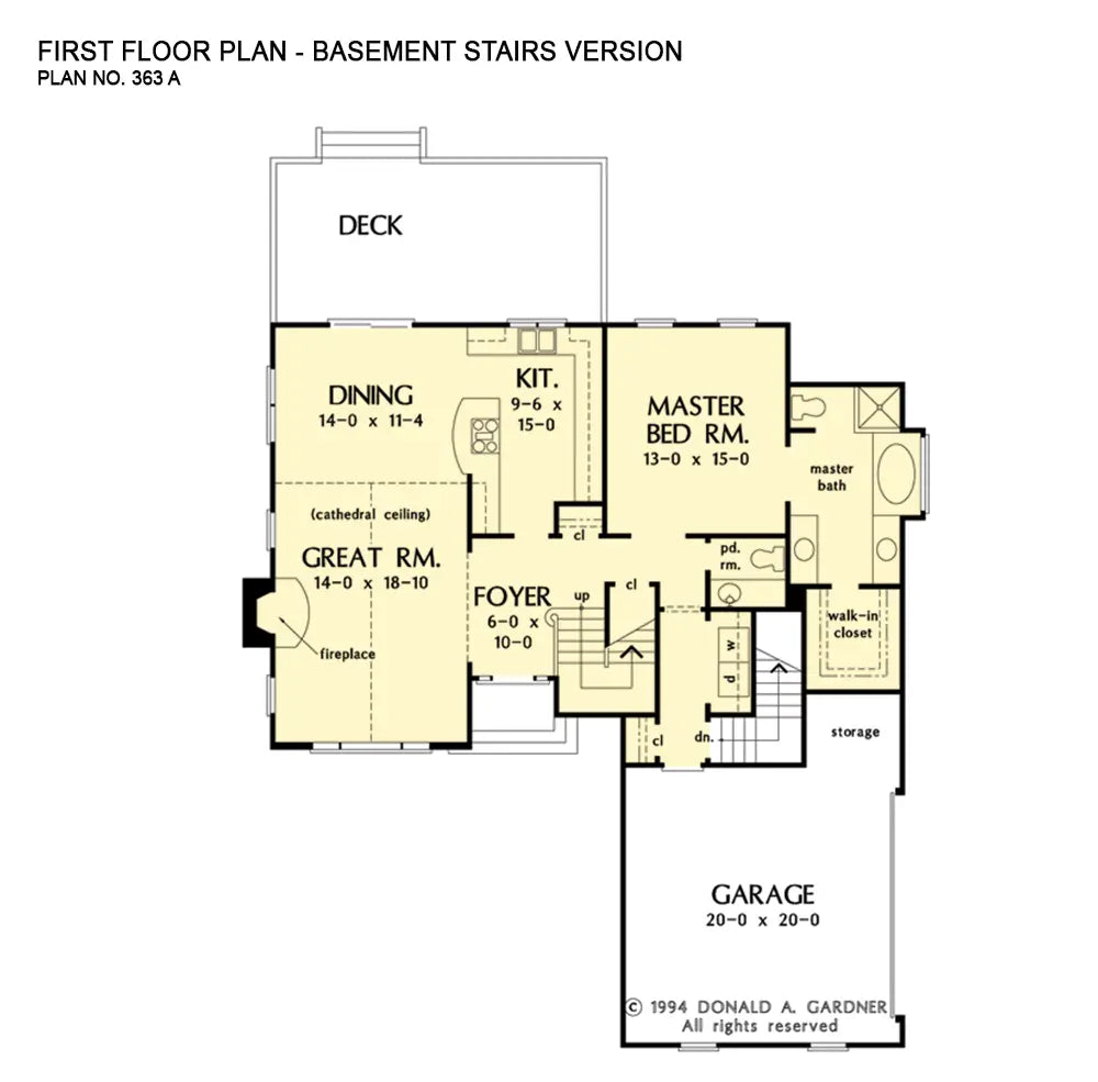 This is the first floor plan image for two story house plan 363 The Ross if the home is built over a basement