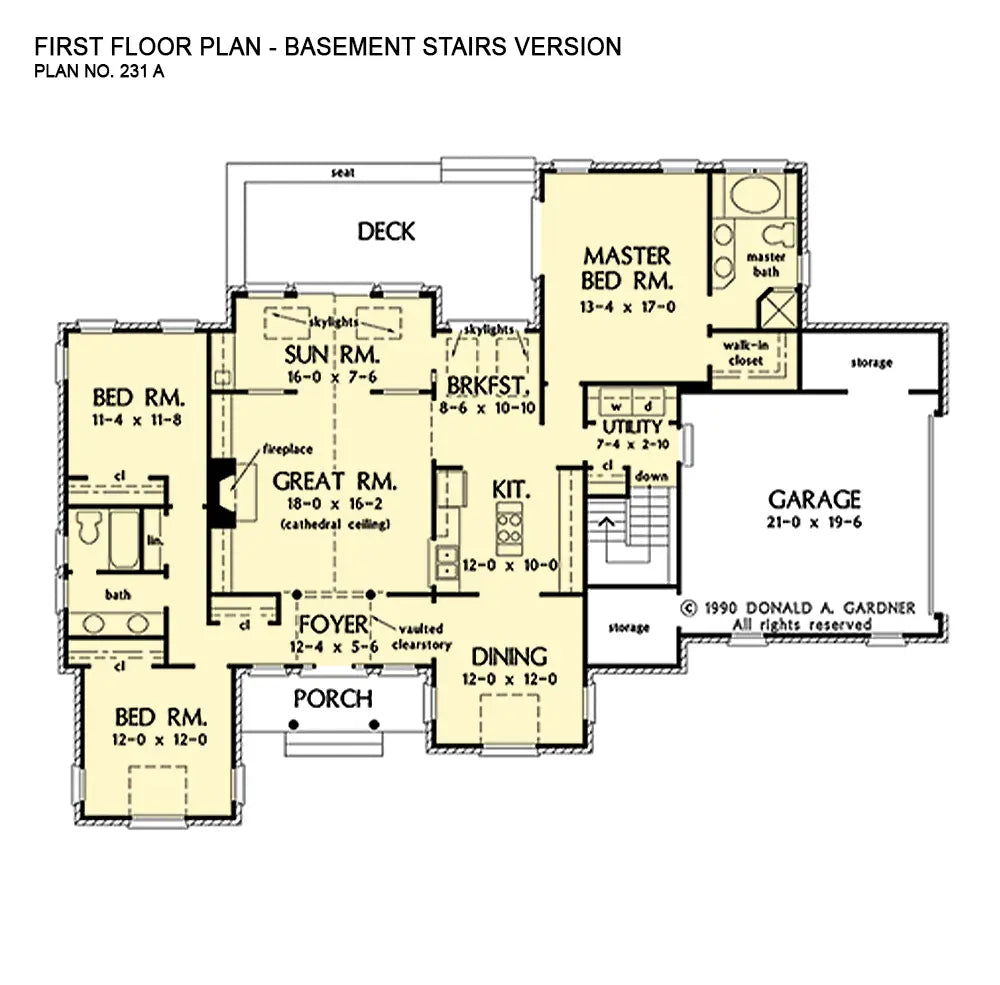 This is the first floor plan image for three bedroom house plan 231 The Rothschild if the home is built over a basement