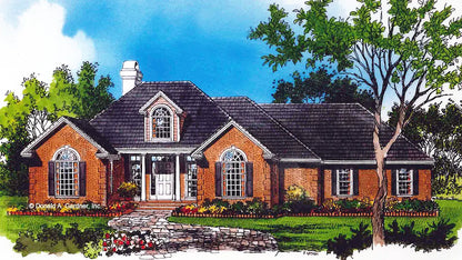 This is an illustration of the front of brick house plan 231 The Rothschild