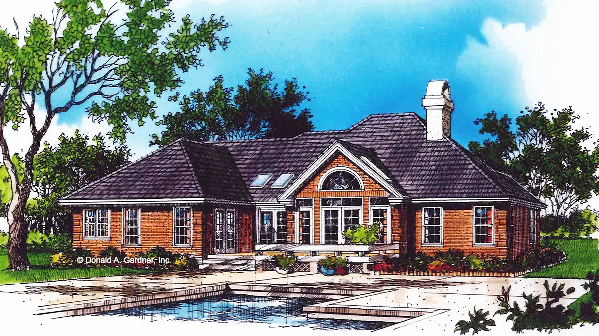 This is an illustration of the rear of three bedroom house plan 231 The Rothschild