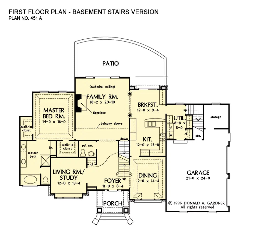 This is the first floor plan image for traditional house plan 451 The Rousseau if the home is built over a basement