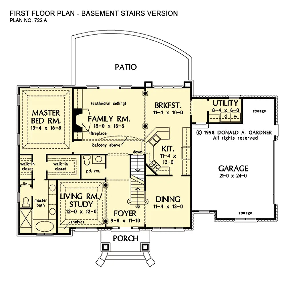 This is the first floor plan image for three bedroom house plan 722 The Roxbury if the home is built over a basement